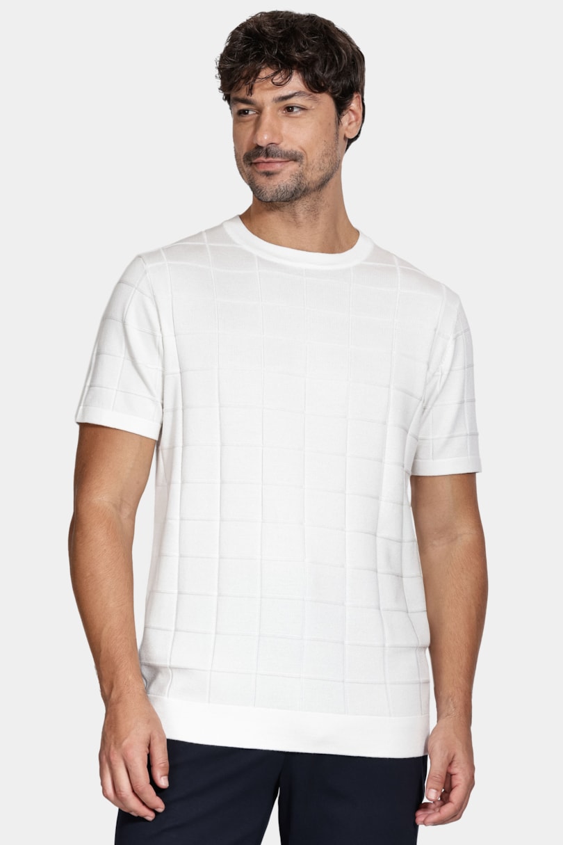 Tricot Manga Curta Jacquard Quadriculado Off White