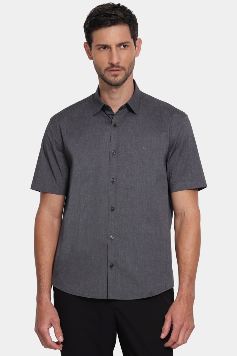 Camisa Manga Curta Regular Fil a Fil Span Chumbo