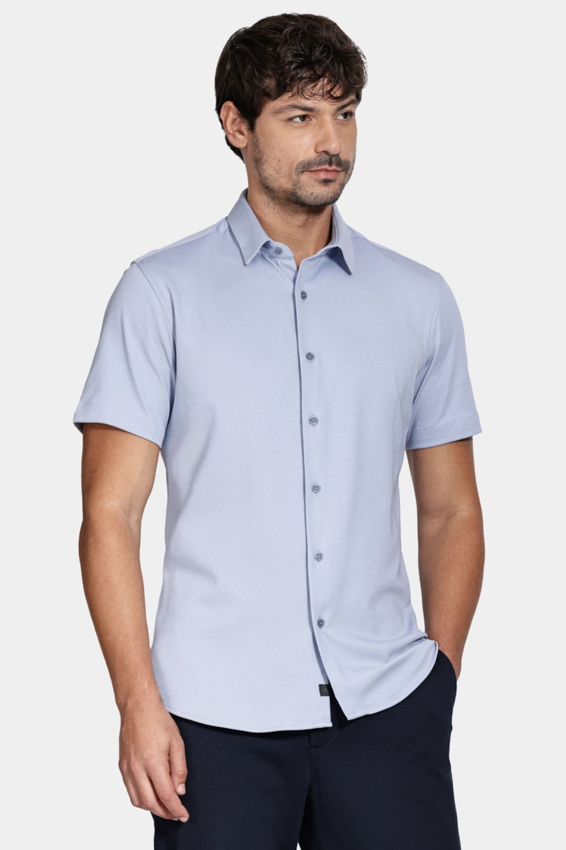 Camisa Manga Curta Slim Malha Mista Italiana Azul