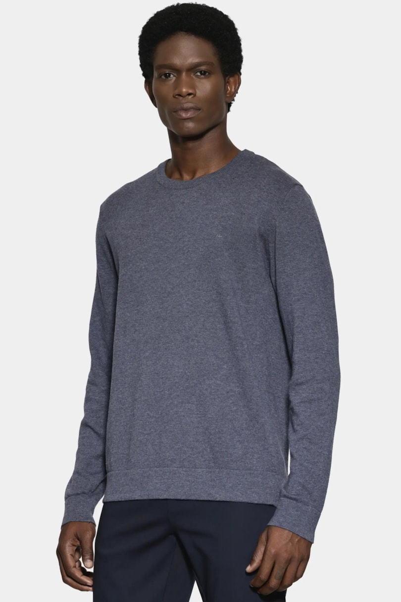 Tricot Manga Longa Gola Careca Azul Mescla