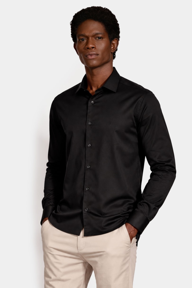 Camisa Manga Longa Slim Cetim Stretch Preto