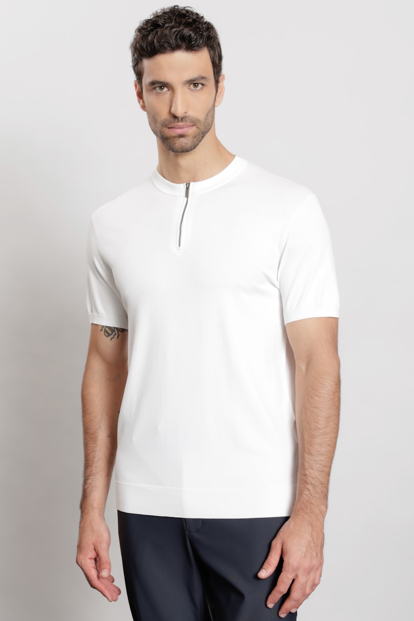 Camiseta Manga Curta Tricot Rayon Ziper Branco Polar