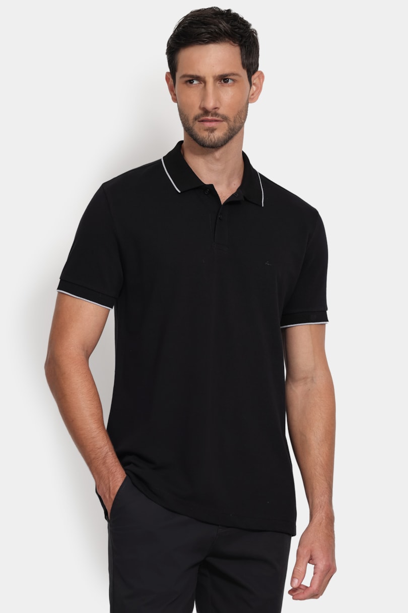 Polo Manga Curta Gola Jacquard Friso Preto