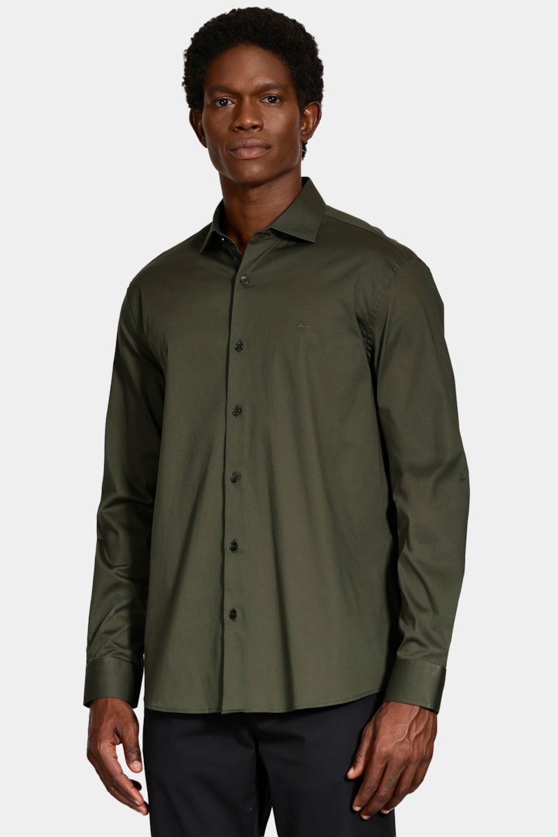Camisa Manga Longa Slim Tricoline Stretch Verde Militar