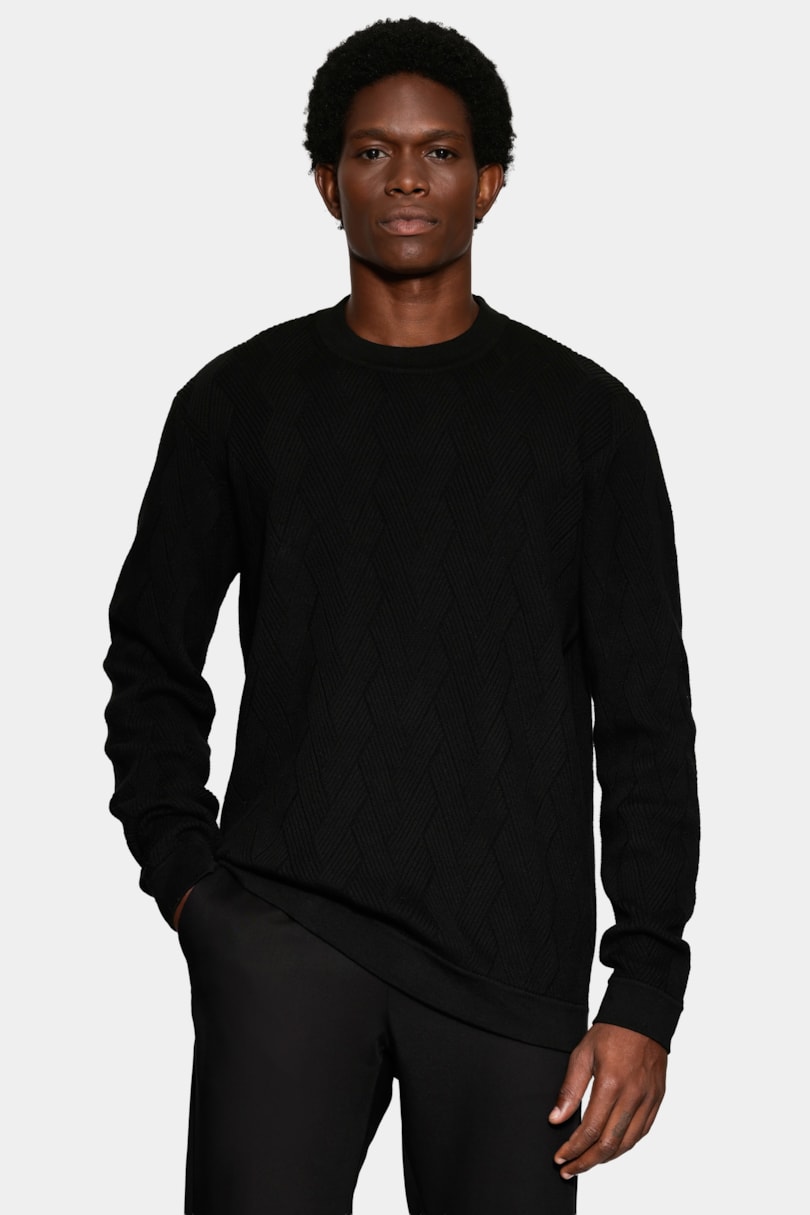 Tricot Manga Longa Jacquard Tresse Preto