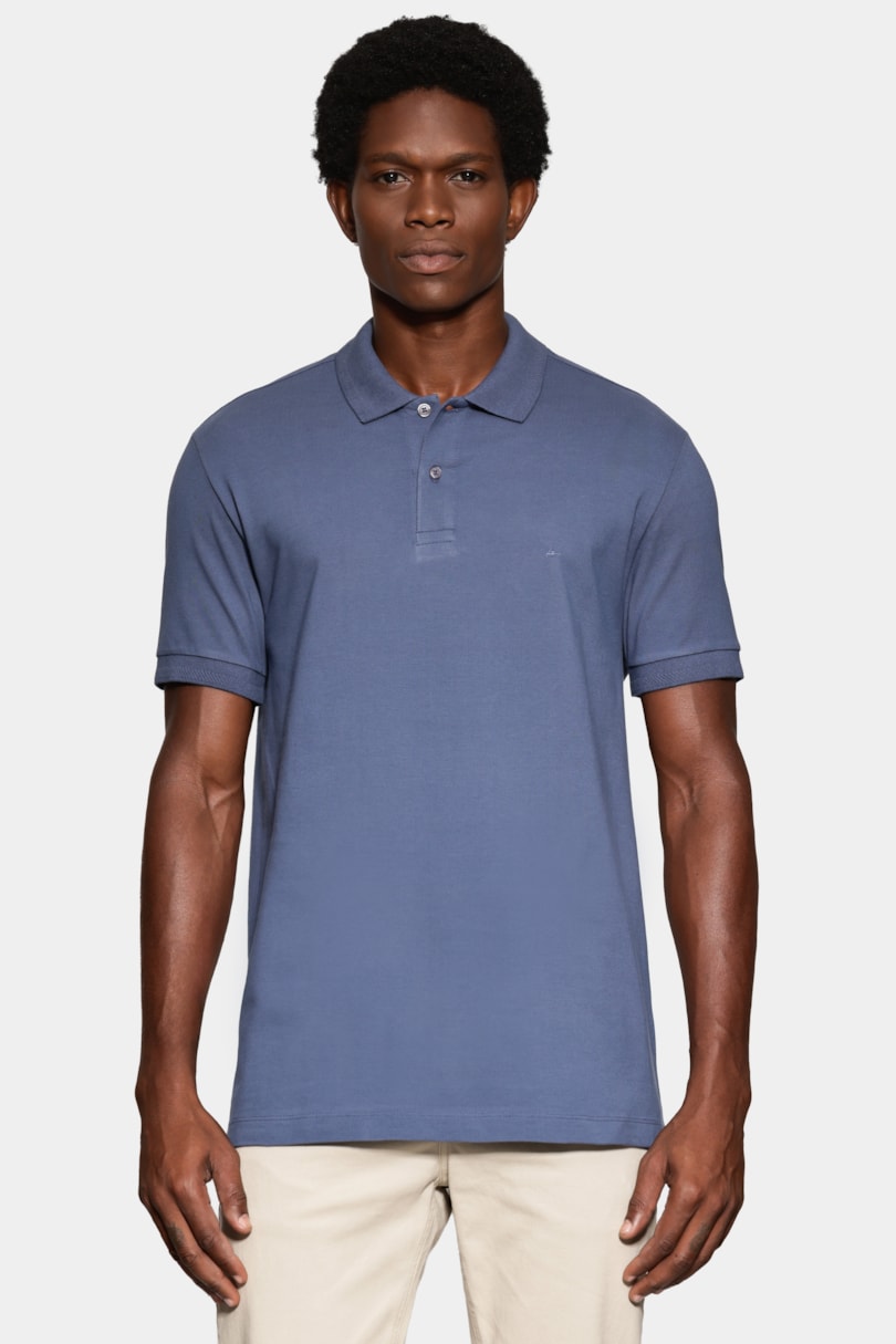 Polo Manga Curta Gola Jacquard Azul Jeans