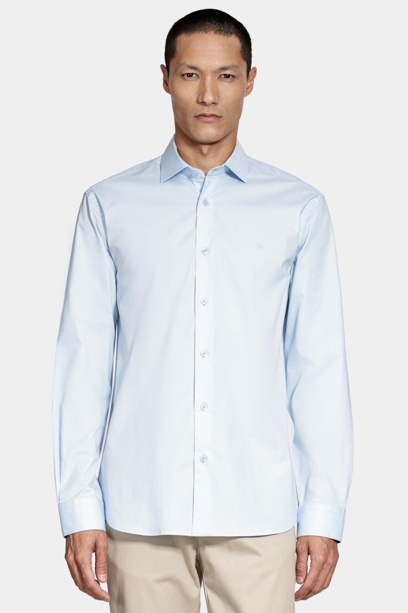 Camisa Manga Longa Slim Tricoline Algodão Azul